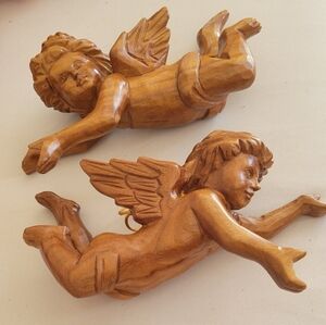 Pair-Hand Carved Flying Cherubs/Putti